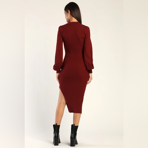 Lulus Upfront Style Burgundy Ribbed Long Sleeve Sweater Dress - Picture 2 of 6